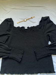 Black Smocked Square Neck Top