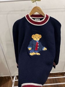 Bear Embroidery Knit Navy Blue Pullover🧸