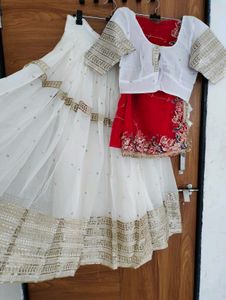 White &amp; Red Sequinned Lehenga Choli