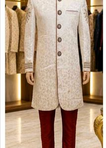 Men's Sherwani Jacket - Cream Brocade