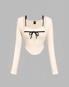 Ribbed Long Sleeve Top with Bow Detail