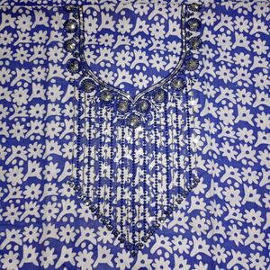 Blue &amp; White Floral Kurta with Sequins