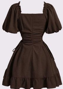 Brown Puff Sleeve Square Neck Dress