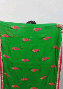 parrot Green Embroidered Saree with blouse piece
