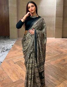 Elegant Black &amp; Gold Block Print Saree