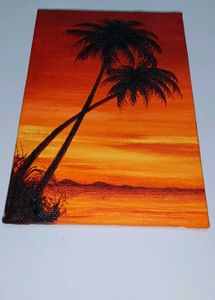 Hand–Painted Sunset Palm Tree Canvas Painting