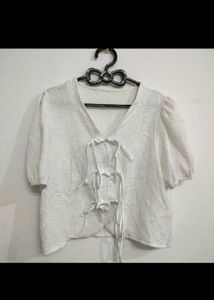 White Textured V-Neck Tie-Up Top