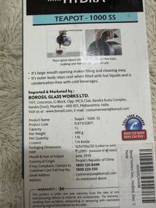Borosil Teapot 1000ml Stainless Steel