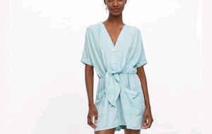 Zara Light Blue V-Neck Romper with Belt