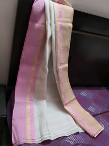 Elegant White Pink Zari Linen Saree