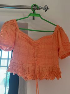 Orange Smocked Puff Sleeve Top