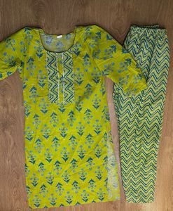 Vibrant Yellow Kurta Set with Blue Floral Print
