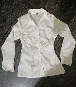 Chic White Ruched Button-Up Shirt