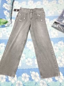 Grey Distressed Wide-Leg Jeans