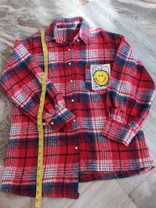 Red Plaid Flannel with Smiley Patch