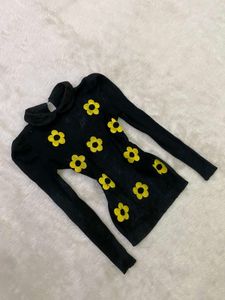 Black Floral Turtleneck Top