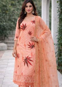 Peach Leaf Print Kurta Set with Dupatta