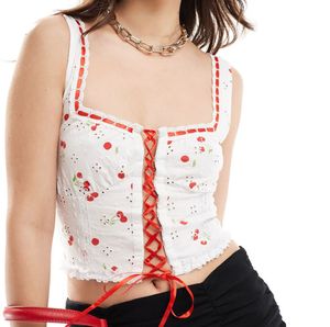 Cherry Print Lace-Up Crop Top