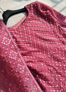 Mirror Work Embroidery A Line Gown With Dupatta