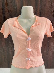 Peach Ribbed Button-Up Top