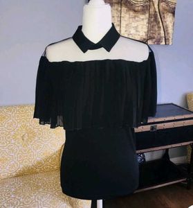 Chic Black Mesh Overlay Collared Top