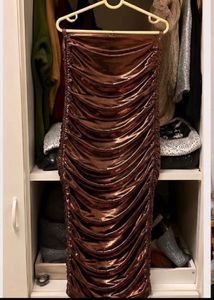 Metallic Brown Ruched Tube Midi Dress |XS