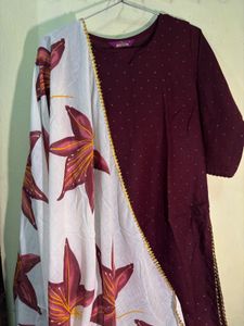 Wine Kurta with Floral Dupatta