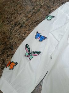 Butterfly Embellished White Button-Up Shirt