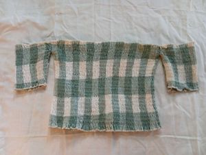 Green Gingham Off-Shoulder Crop Top
