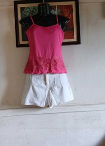 pink top &amp; white shorts set