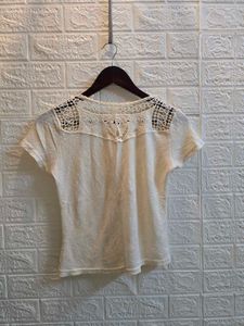 Cream Crochet Detail Button-Up Top