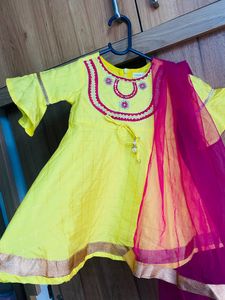 BabyOye Yellow&amp;pink Anarkali Suit Set
