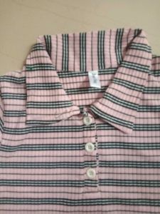 Pink Striped Polo Neck Top