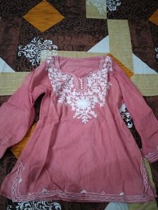 Embroidered Peach Kurti with Tie-Dye Top
