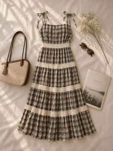 Chic Plaid Maxi Dress with Lace Trim