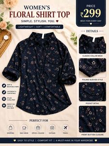 Stylish Women’s Floral Printed Shirt | Dark Blue C