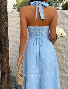 Chic Blue Floral Halter Neck Dress
