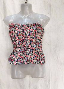 I. Floral Ruffle Strapless Top