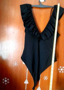 Zara Ruffled Plunging V-Neck Black Bodysuit /Swims