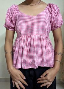 Cute Pink Gingham Puff Sleeve Top🌸