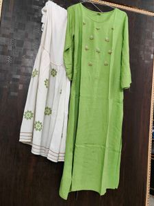 Green Embroidered Kurta with White Pants