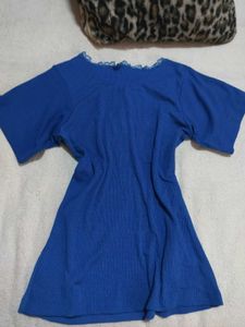 Royal Blue V-Neck T-Shirt with Lace Trim