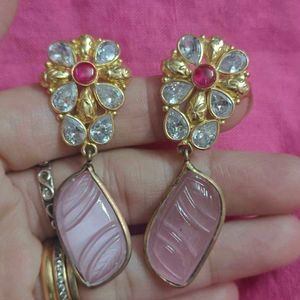 kundan earrings with rose quartz dangler