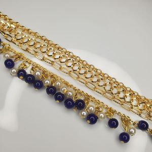 Elegant Gold Bracelet with Blue &amp; Pearl Beads