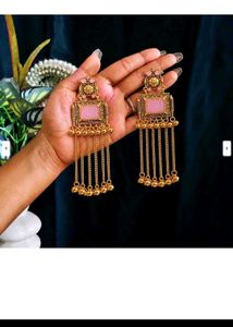 Elegant Gold Toned Dangle Earrings with Pink Accen
