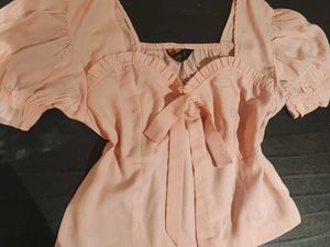 Chic Pink Puff Sleeve Tie Front Top