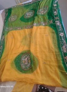 Green &amp; Yellow Embellished Saree