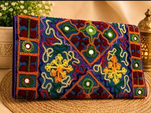🌸 Phoolwari Indigo Clutch with  Mirror Work
