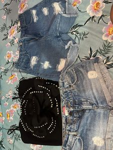 Distressed Denim Shorts & Embellished Top