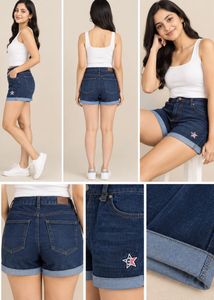 Women's Dark Wash Denim Shorts with Star Detail